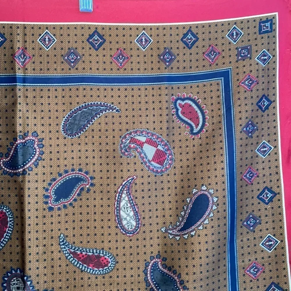 Vintage mid Century maroon, navy blue & tan paisley‎ large square scarf